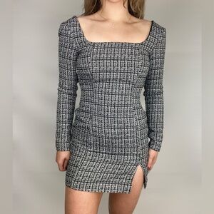 CHRISTIAN LACROIX Tweed Shift‎ Square Neck Mini Long Sleeve Dress Square Neck